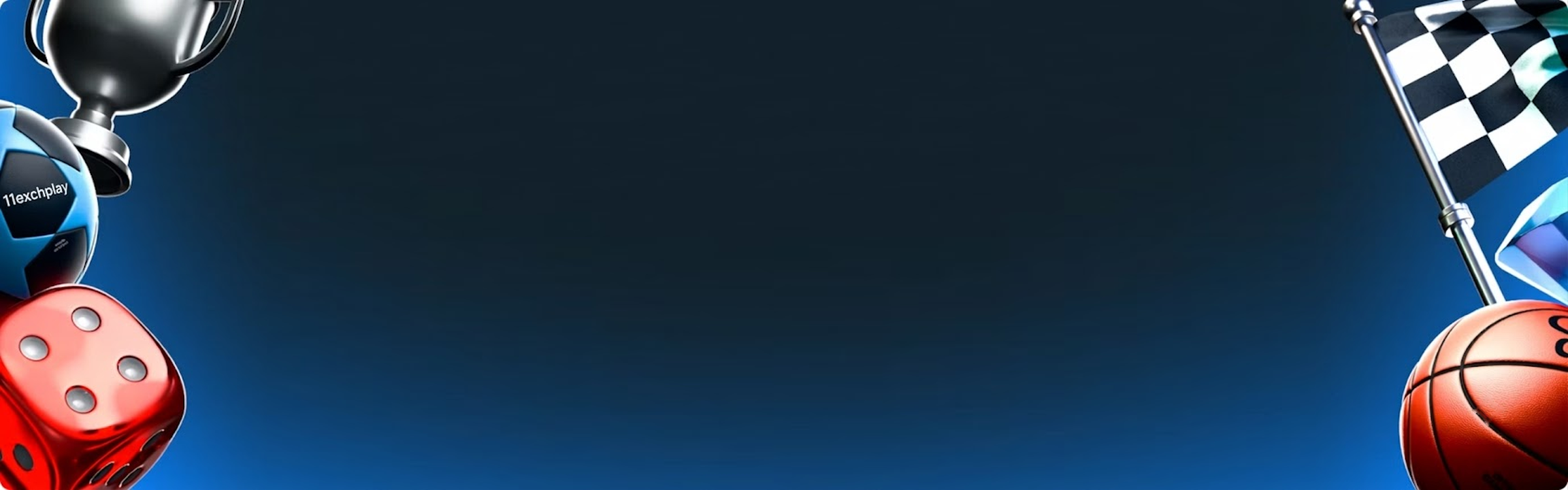 Unauthenticated home page banner for desktop, featuring a trophy, a soccer ball, a dice on the left and a race flag, a diamond and a basketball on the right.